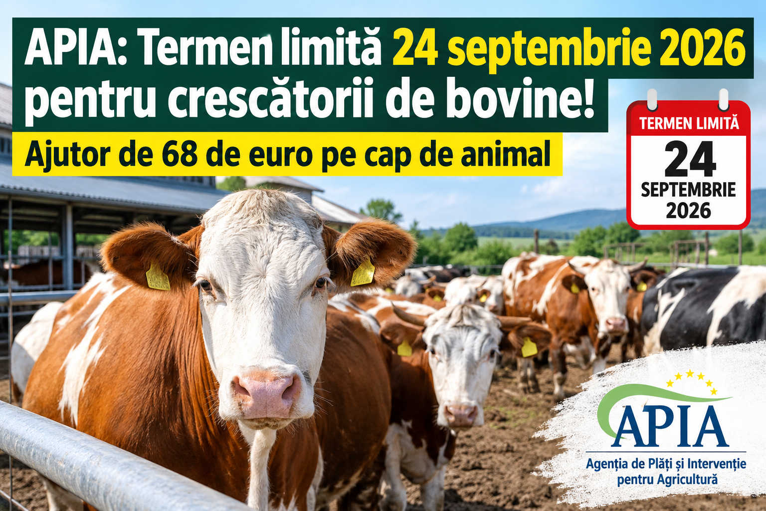 APIA: Termen limită pentru crescătorii de bovine. Ajutor de 68 de euro pe cap de animal