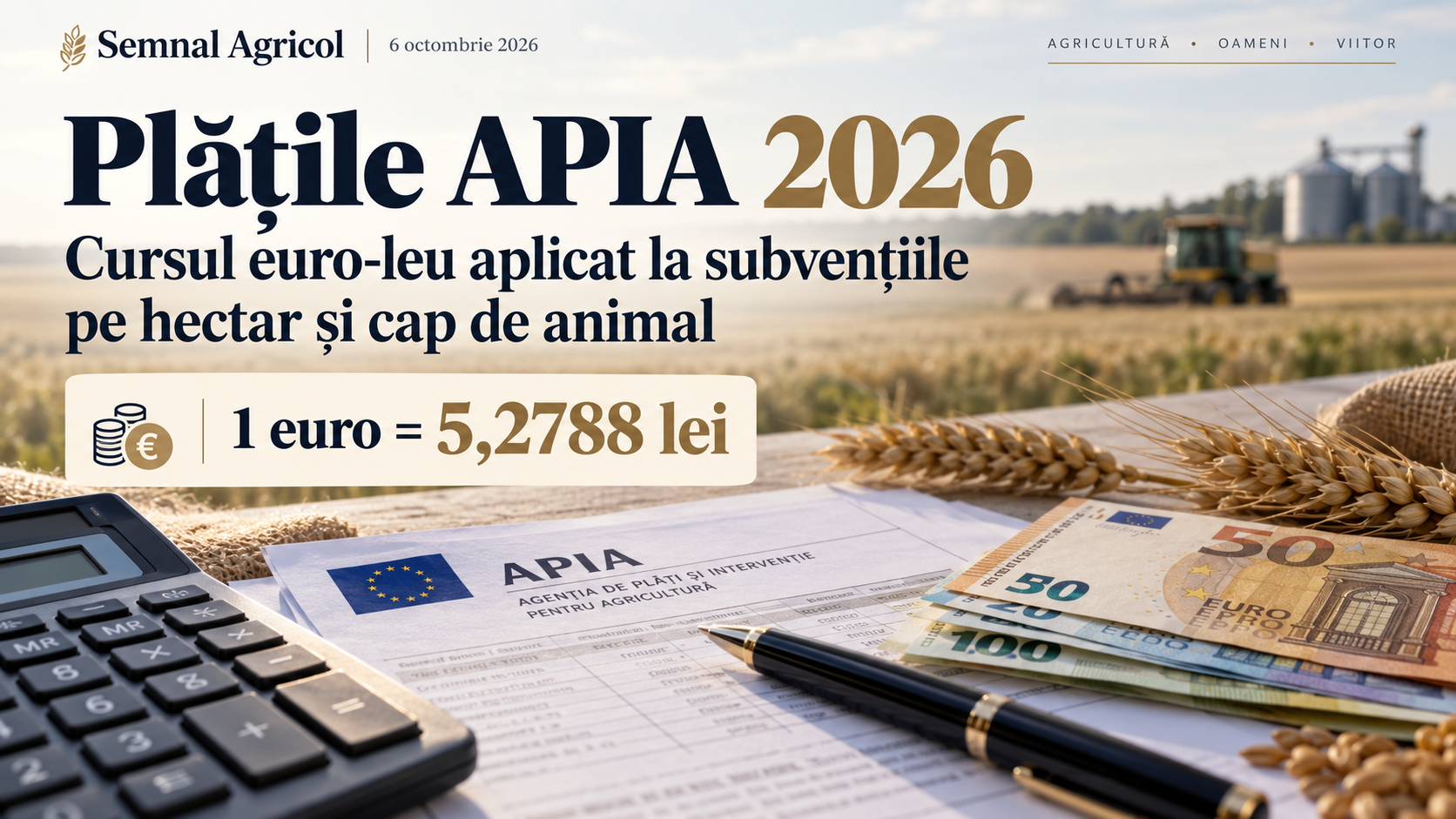 Cursul euro pentru plățile APIA 2026 a fost stabilit. Câți lei valorează un euro la subvențiile pe hectar și cap de animal