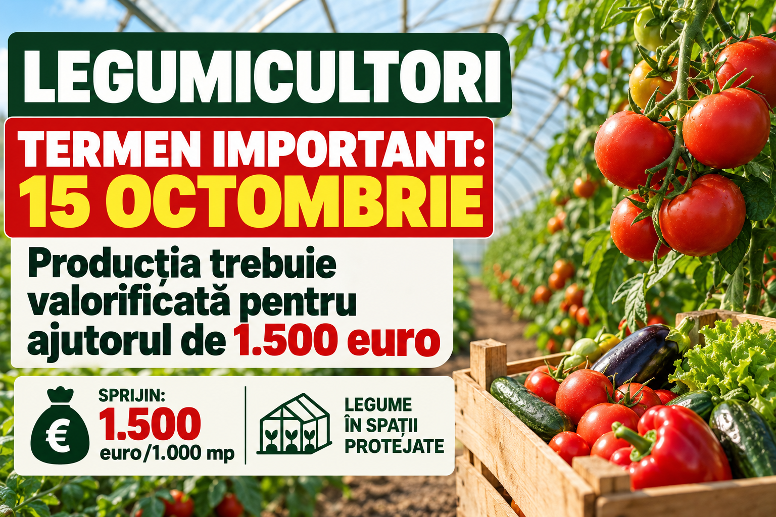 Termen important pentru legumicultori: producția trebuie valorificată până pe 15 octombrie pentru ajutorul de 1.500 euro