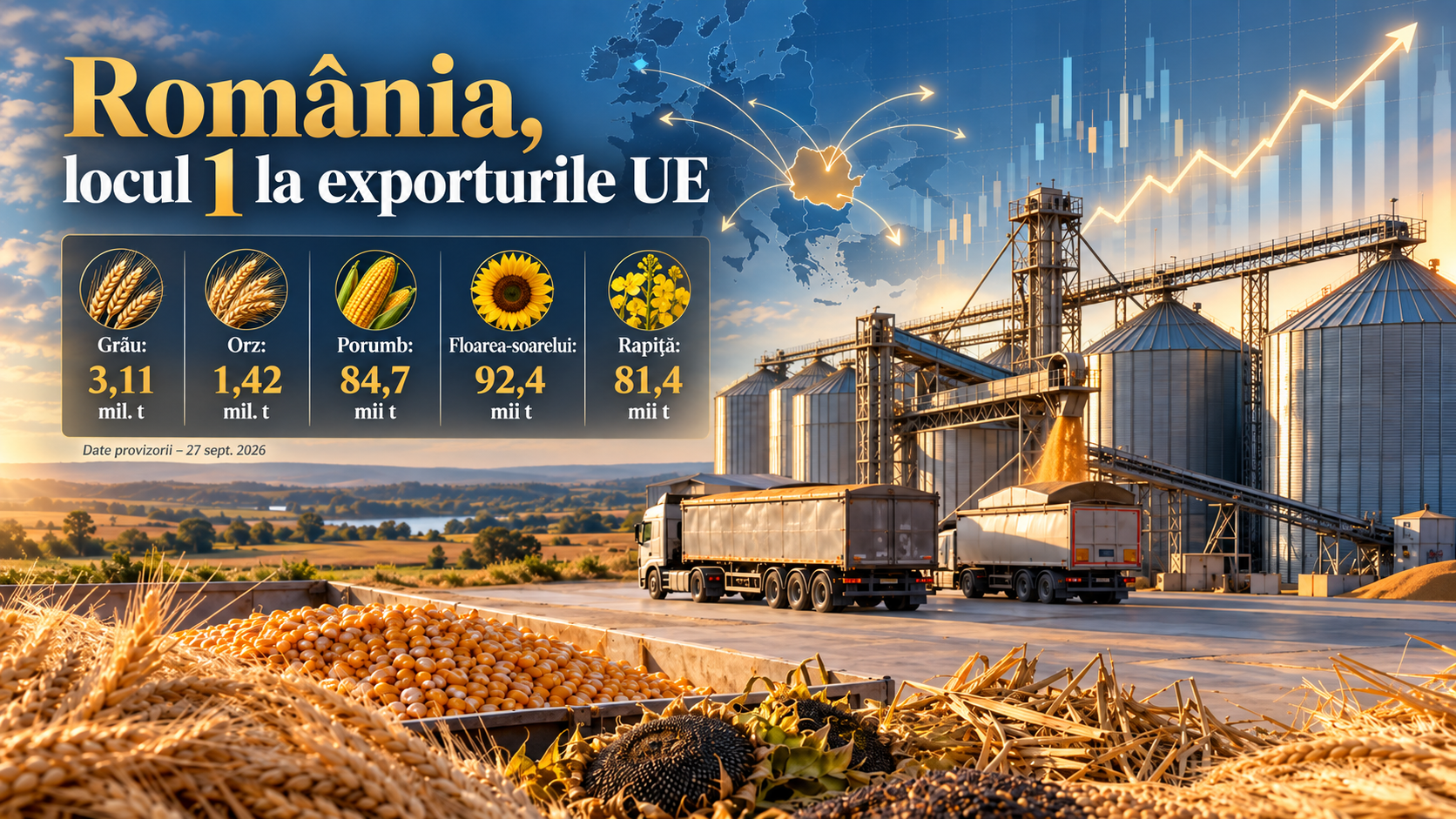 România domină exporturile agricole ale UE: primul loc la grâu, orz, porumb, floarea-soarelui și rapiță