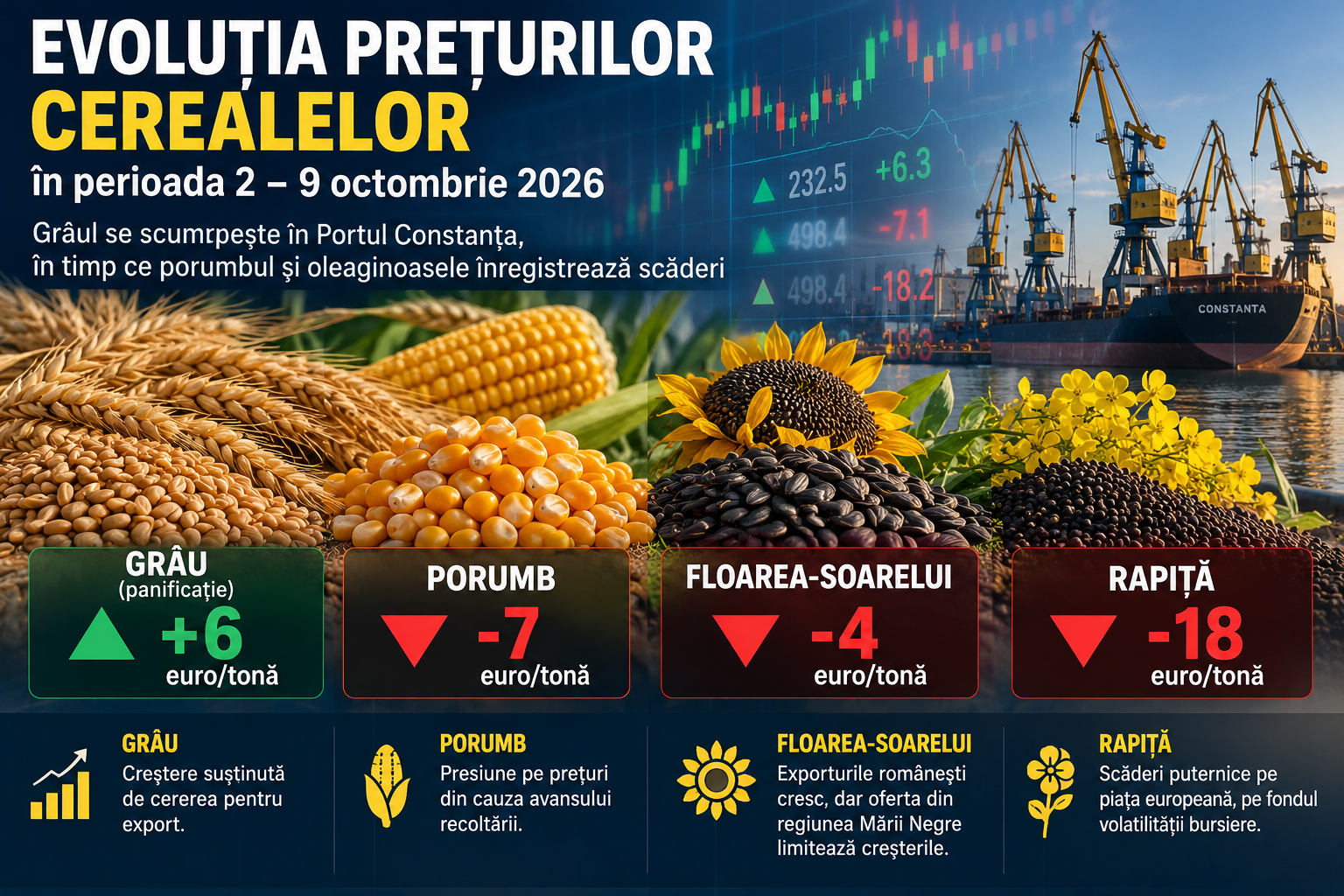 Prețurile cerealelor în perioada 2–9 octombrie 2026: grâul se scumpește, în timp ce porumbul și oleaginoasele înregistrează scăderi